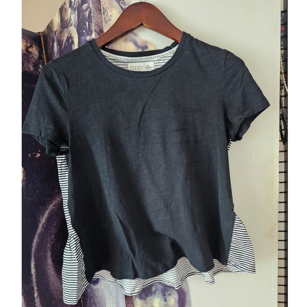 Kate Spade Broome Street‎ Black Striped Peplum Mixed Media Tee Shirt Womens S